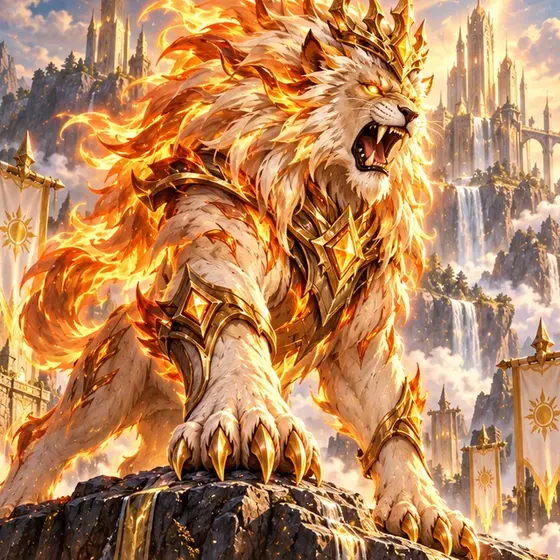 Cardbound King, a crowned lion wreathed in flame