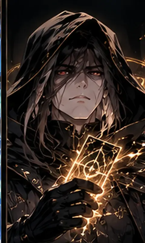 The Architect, a hooded man holding a glowing card